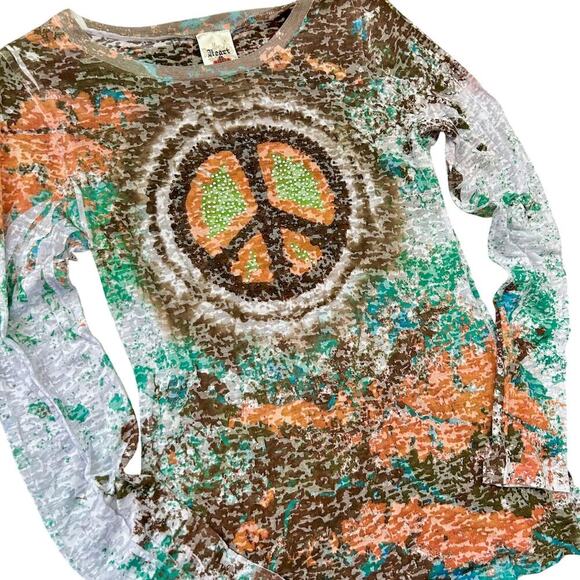 Crowns & Heart Peace Sign Bling Glitter Beaded Festival Long Sleeve Tie Dye LG - Picture 3 of 8